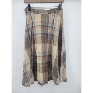Vintage 26" Plaid Midi Skirt Women's Brown Beige Tan Pleated A-Line Casual Fall